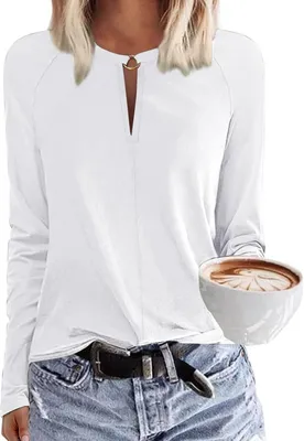 Produktbild von Damen Langarmshirt mit V-Ausschnitt Elegant Weich Weiß S