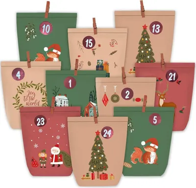 Obrázok produktu pre Adventný kalendár na naplnenie 24 vianočných vrecúšok z kraftového papiera a samolepiek s číslami