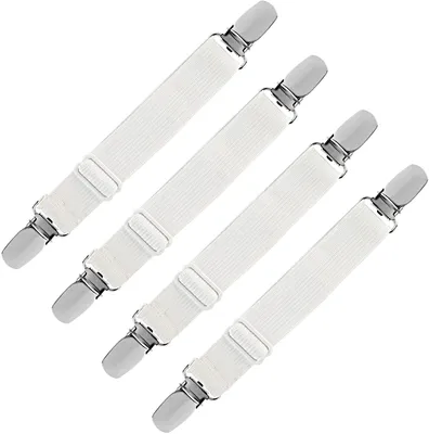 Produktbild von Set mit 4 verstellbaren Bügelbrettklammern, Bettlakenklammern, Bügelbrettbezugklammern, weißen Bügelbrettbezugklammern