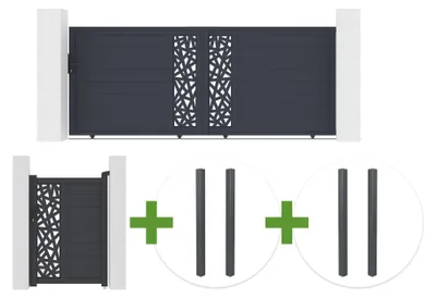 Produktbild von Schiebetor 3,5 m RUIVO H. 140 cm, graues Aluminium + 1 m RUIVO Tor H. 140 cm + 4 Pfosten