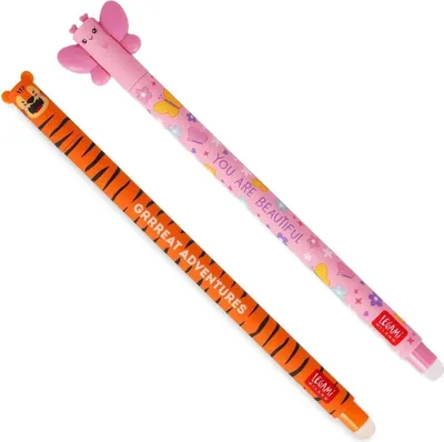 Produktbild von Legami | Gelstifte im Set - Butterfly + Tiger - thermoempfindlicher Radiertinte - ohne das Blatt abzunutzen - 0,7 mm Spitze - verschiedene Tintenfarben und Schaftdesigns - 15 cm Länge