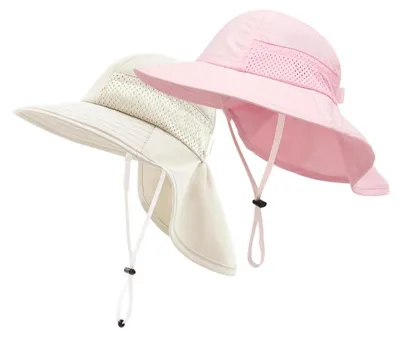 Immagine prodotto di Cappello da sole per bambini, unisex, con sciarpa, protezione solare, modello a secchiello, fattore di protezione UV 50+, adatto a bambini da 6 a 24 mesi, colore rosa e beige
