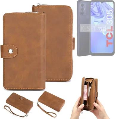 Produktbild von K-S-Trade Handyhülle Schutzhülle kompatibel mit TCL 305 & Portemonnee Tasche Handytasche Case Etui Geldbörse Wallet braun (1x)