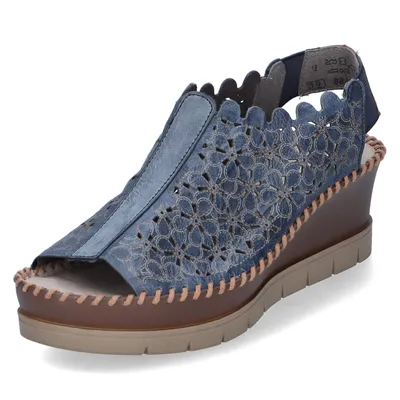 Produktbild von Rieker, Sandaletten, Damen, Atlantik-Blau, 40 EU, Glattleder, gepolsterte Decksohle, florale Lochstanzung, grobe Nähte, breite Riemen