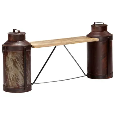 Productafbeelding van Bank van mangohout in de vorm van melkkannen, afmetingen 150 x 64 x 33 cm