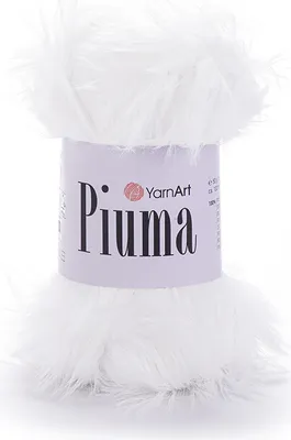 A spool of white, fluffy yarn with the brand name 'YarnArt Piuma' printed on the label.