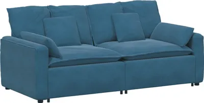 A blue modular sofa with cushions, shown from a front-side angle against a white background.