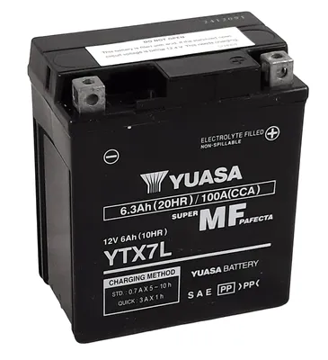 A black Yuasa YTX7L motorcycle battery is shown against a white background.
