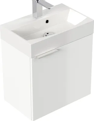 A white bathroom vanity with a sink and faucet, shown from a slightly elevated angle against a white background.