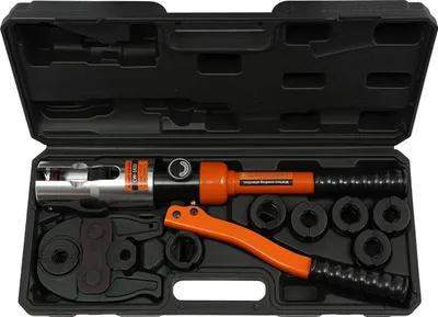 Imagen del producto de Alicate hidráulico de crimpar, con una presión máxima de 10 toneladas, equipado con 7 mordazas intercambiables, de color naranja
