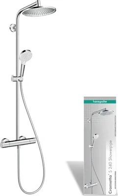 A chrome showerpipe system and its packaging are displayed against a white background.