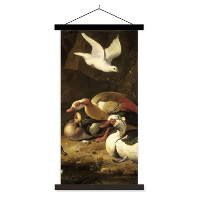 Produktbild von MuchoWow® Textilposter Enten - Gemälde von Melchior d'Hondecoeter 40x80 cm mit schwarzem Rahmen - Wandemalerei