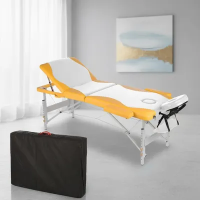 Image de Table de massage 3 zones aluminium blanc/orange Banc de thérapie Table cosmétique pliable