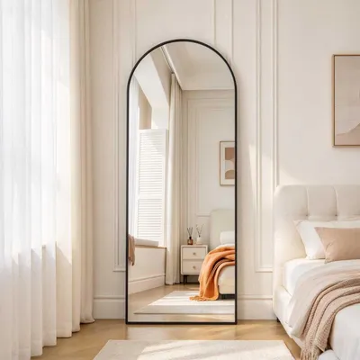 Immagine prodotto di Specchio a figura intera INONEFT, 162x53 cm, specchio da terra con parte superiore curva, specchio da parete, grande specchio per camera da letto, soggiorno, cabina armadio, colore nero