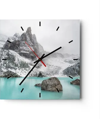 Produktbild von Wanduhr - Quadrat - Glasuhr - Berge See Schnee - 30x30cm - Schleichendes Uhrwerk - Lautlos - zum Aufhängen bereit - Dekoration Modern - Wanddekoration aus Glas - C3AC30x30-4377