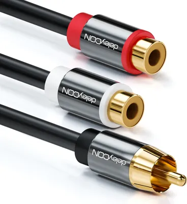 Produktbild von deleyCON 0,20m Audio Cinch Y-Adapter Verteiler Kabel für Subwoofer - AUX - 1x RCA Cinch Stecker zu 2x RCA Cinch Buchse - vergoldete Kontakte
