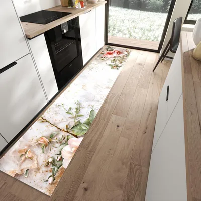 Produktbild von Küchenläufer 60 x 300 cm Rosa rutschfest & waschbar – Küchenteppich Magnolien auf Holz PVC Teppichläufer Küche