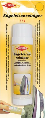 A product package for iron cleaner with an image of the product and an iron being cleaned.