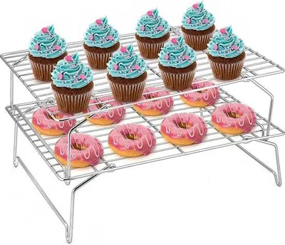 Productafbeelding van Unyqoos® Roestvrijstalen koelroosters, set van 2, 38 x 26 cm – rechthoekige, stapelbare en inklapbare bakroosters, geschikt voor oven en vaatwasser