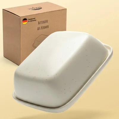 Immagine prodotto di DEKAZIA® Burriera Vetroceramica Grigio Beige | Porta Burro Artigianale | Burrera con Coperchio | Contenitore Burro Design Scandinavo | Campana Burro 250g M