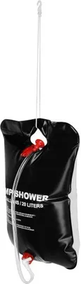 A black portable shower bag with a hose and a hook for hanging.