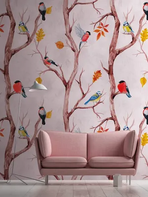 Produktbild von NEWROOM Tapete Rosa Vliestapete Bäume - Wandbild Modern Braun Gelb Vögel Blätter Tapete Floral Vögel