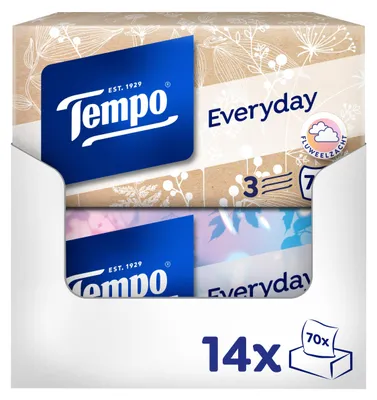 Produktbild von Tempo Light Box Taschentücher, Megapack, 14 Boxen, 70 Tücher pro Box, waschmaschinenfest