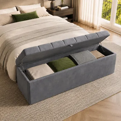 Immagine prodotto di Divano imbottito grigio, 138 x 41 x 42 cm, panca imbottita con spazio contenitore, design europeo, ideale per la camera da letto, Immagine generata dall'IA