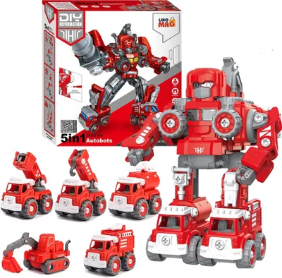 Image de Robot transformateur DIY en 5 camions de pompiers, Linomag®, camion-grue, pelleteuse, plate-forme de travail en hauteur, réservoir d'eau, chariot de pulvérisation, tournevis inclus, + 3 ans, Rouge, 31,5 x 15,7 x 21,5 cm