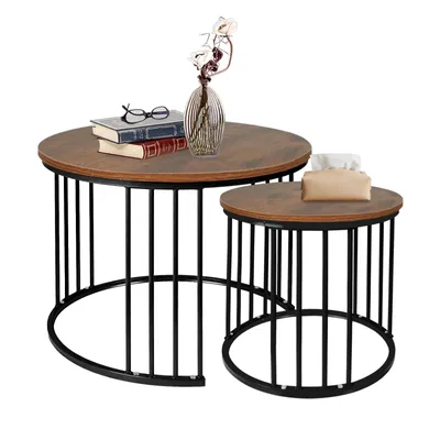 Produktbild von 2er Set Satztische,Rund Couchtisch Wohnzimmertisch aus Holz,Stapelbarer Beistelltisch Set,Tischkombination für Wohnzimmer,Büro, Balkon 60cm+40cm