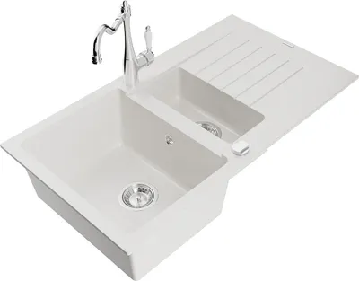 Produktbild von Mexen Matias 1,5-Becken-Granitspüle mit Abtropffläche und Mischbatterie Carla, Weiß - 6502-20-670700-00