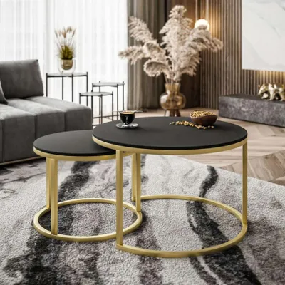 Produktbild von Runder Couchtisch CIRI SLIM 2in1 Goldgestell Schwarz Matt