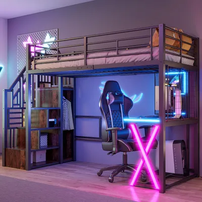 A loft bed with a desk, wardrobe, and shelves, set up in a room with neon lighting.