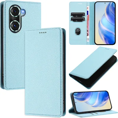 Produktbild von Litchi Leder Handyhülle für Honor 60 Pro Wallet Kartenfächer Standfunktion Hülle Hellblau