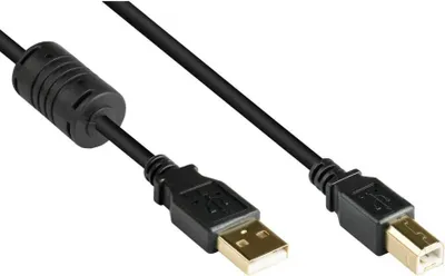 Produktbild von USB 2.0 A auf B Kabel mit Ferritkern, vergoldet, 3m, schwarz