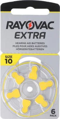 Zdjęcie produktu dla Bateria do aparatów słuchowych Rayovac H10MF No. 10 PR70 Extra Advanced, 105 mAh 6 sztuk w opakowaniu blistrowym