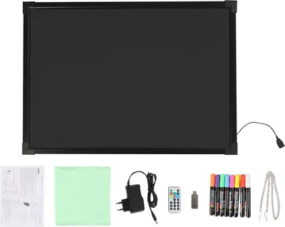 Produktbild von LED Schreibtafel - Neon-Menütafel - Trocken abwischbar - 201x122 cm - Mit 8 Flüssigkreide-Markern - Für Laden/Restaurant - Schwarz