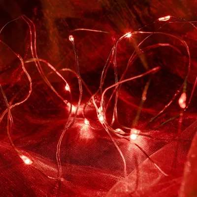 A close-up of red LED string lights on a red fabric background.