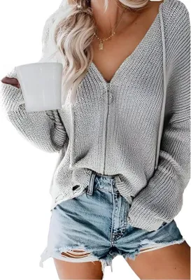Produktbild von Damen Sweatshirt mit Kapuze Strickjacke Herzausschnitt Grau XL
