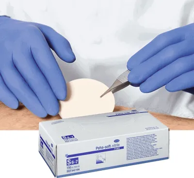 Produktbild von Peha-soft® nitrile fino powderfree, der latexfreie, samtig weiche Untersuchungs- und Schutzhandschuh aus synthetischem Nitrilkautschuk, Größe:S