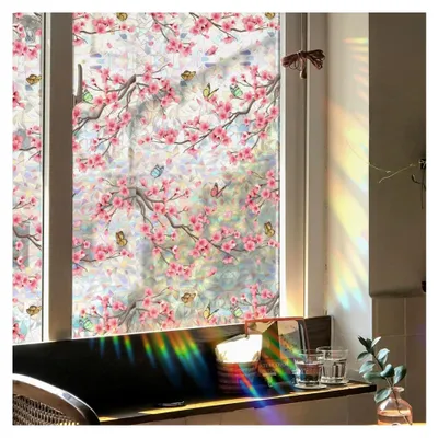 Produktbild von Fenster-Sichtschutzfolie mit Regenbogen-Kirschblüten-Motiv, 3D, dekorativ, Vinyl, Buntglas, Schmetterling, Blumen-Aufkleber, statisch haftend, 40 x 101,6 cm