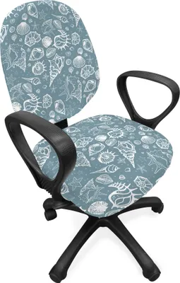 Produktbild von ABAKUHAUS Sea Shells Bürostuhl Schonbezug, Gekritzel-Art-Muster, dekorative Schutzhülle aus Stretchgewebe, Blau, Grau, Weiß