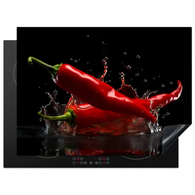 Produktbild von KitchenYeah© Herdabdeckplatte Paprika - Rot - Schwarz - Wasser - Gemüse , 71x52cm, Küche Deko, Glaskeramikkochfeld Herdabdeckung, Abdeckplatte fùr Kochfeld