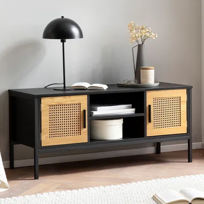 Produktbild von WOHNLING Lowboard Schwarz / Eiche mit Wiener Geflecht 110x48x40 cm TV-Kommode Zeitlos TV-Schrank Hoch Fernsehtisch Fernsehschrank mit Türen