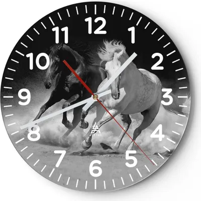 Produktbild von Wanduhr - Rund - Glasuhr - Andalusier Pferde Galopp - 40x40cm - Schleichendes Uhrwerk - Lautlos - zum Aufhängen bereit - Dekoration Modern - Wanddekoration aus Glas - C4AR40x40-4240