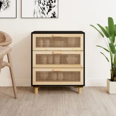 Zdjęcie produktu dla vidaXL Kredens czarny 60x30x70 cm z litego drewna sosnowego i naturalnego rattanu