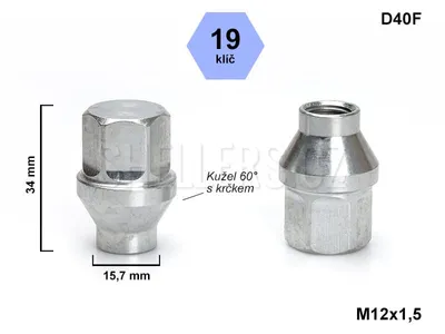 Obrázek produktu pro Kolová matice M12x1,5 kužel s krčkem 15,7 zavřená, klíč 19, D40F, výška 34 mm, délka krčku 6 mm