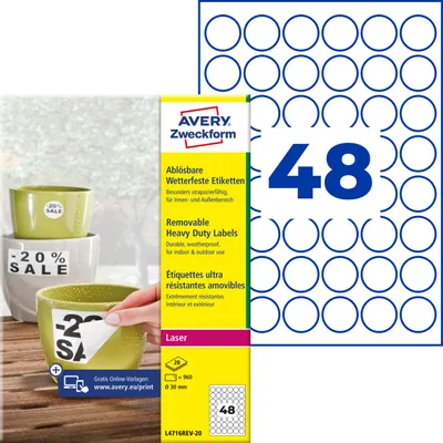 Produktbild von Avery Zweckform L4716REV-20, Wetterfeste Etiketten, ablösbar, A4, ? 30 mm, 960 Etiketten / 20 Bögen, weiß