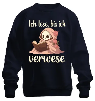 Productafbeelding van Ik lees tot ik verdwaal. Boekenwurm, leeshobbyist, skelet, Halloween, uni sweatshirt, marineblauw, maat M
