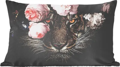 Produktbild von MuchoWow® Zierkissen Sofakissen Wohnzimmer Dekokissen 50x30 cm Tiger - Blumen - Porträt - Wohnzimmerdekoration - Polster mit Photo